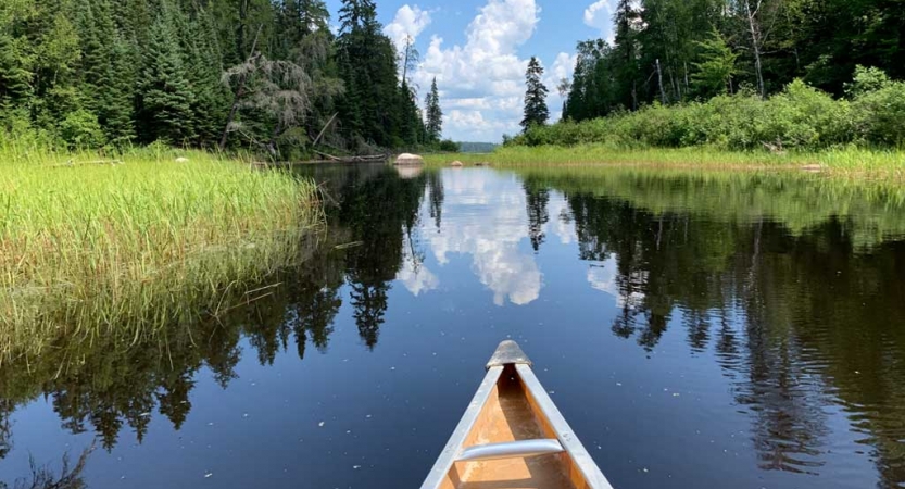 In the foreground, the tip of a canoe appears above very calm water, reflecting the grasses and trees on the shore, and the blue sky and clouds above. 